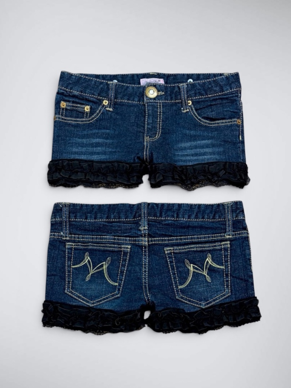 Vintage Y2K MA*RS Sugar Gloss Lace Ruffle Denim Shorts